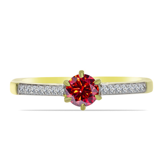 Anel de Prata com Banho de Ouro com Moissanite Vermelho Majestoso e Topázio Branco