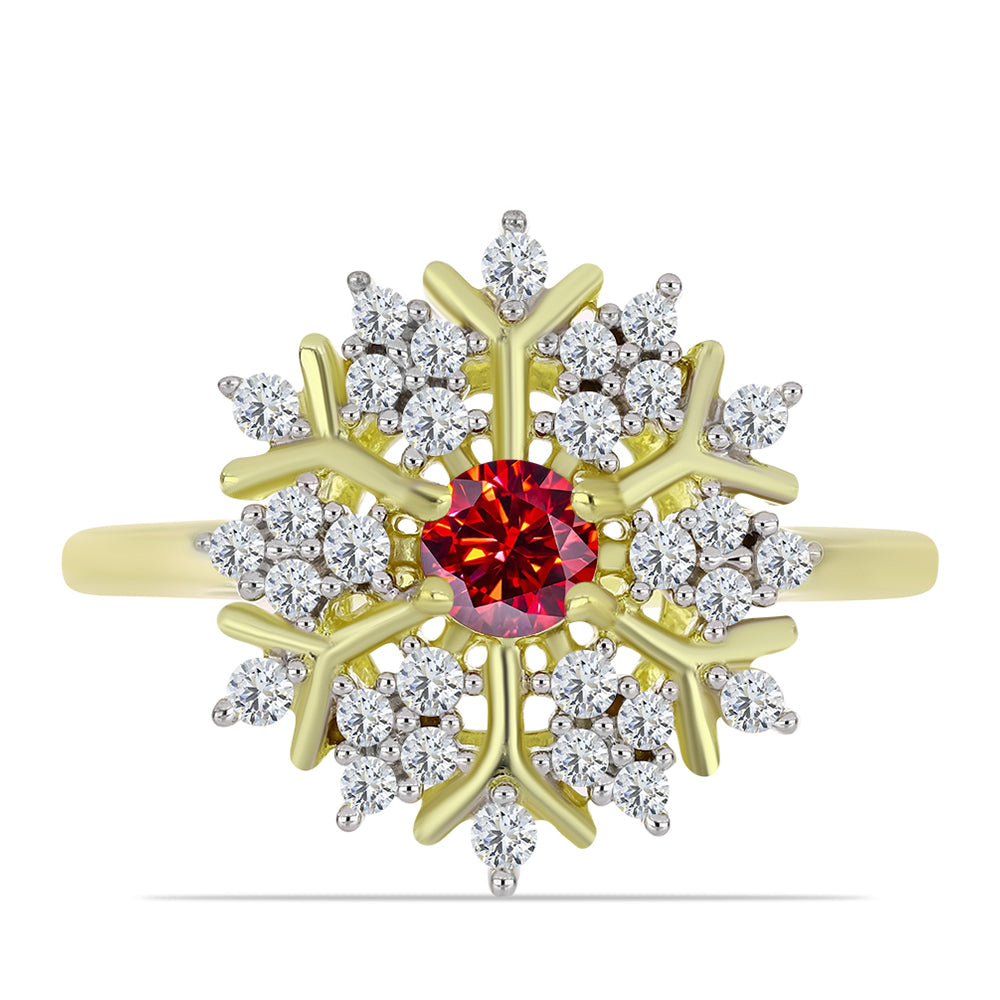 Anel de Prata com Banho de Ouro com Moissanite Vermelho Majestoso e Topázio Branco 1 