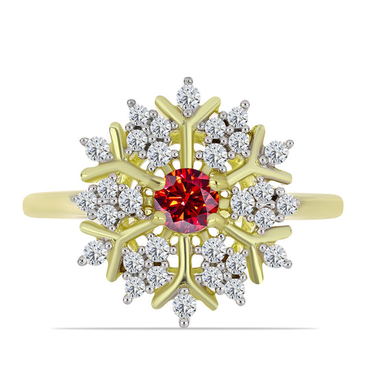 Anel de Prata com Banho de Ouro com Moissanite Vermelho Majestoso e Topázio Branco