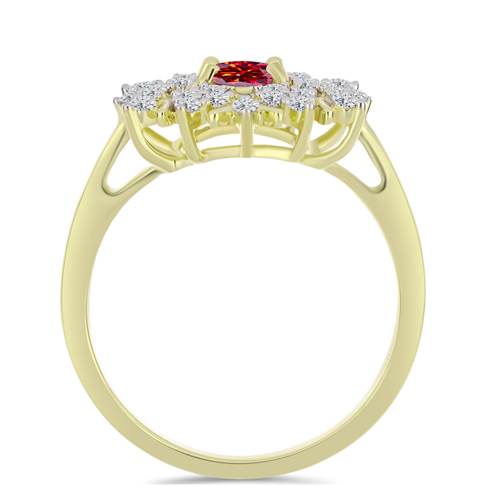 Anel de Prata com Banho de Ouro com Moissanite Vermelho Majestoso e Topázio Branco