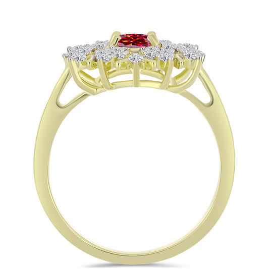 Anel de Prata com Banho de Ouro com Moissanite Vermelho Majestoso e Topázio Branco