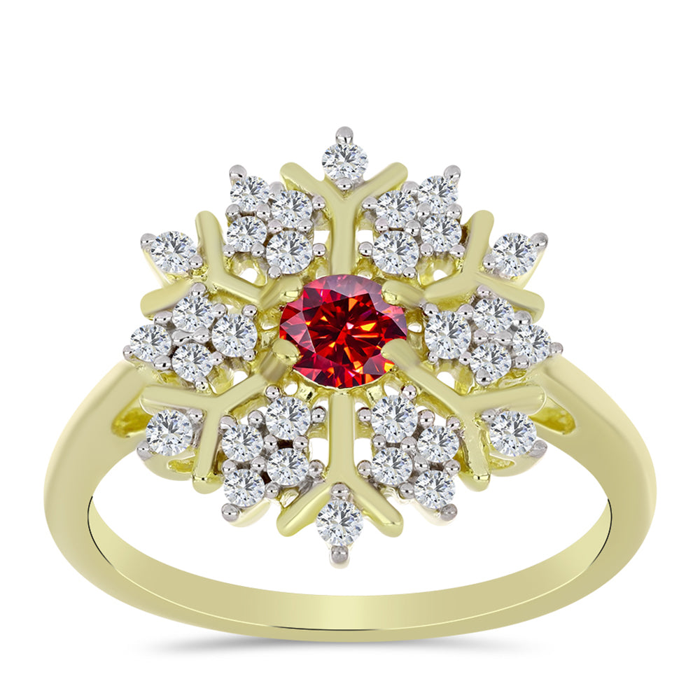 Anel de Prata com Banho de Ouro com Moissanite Vermelho Majestoso e Topázio Branco 3 