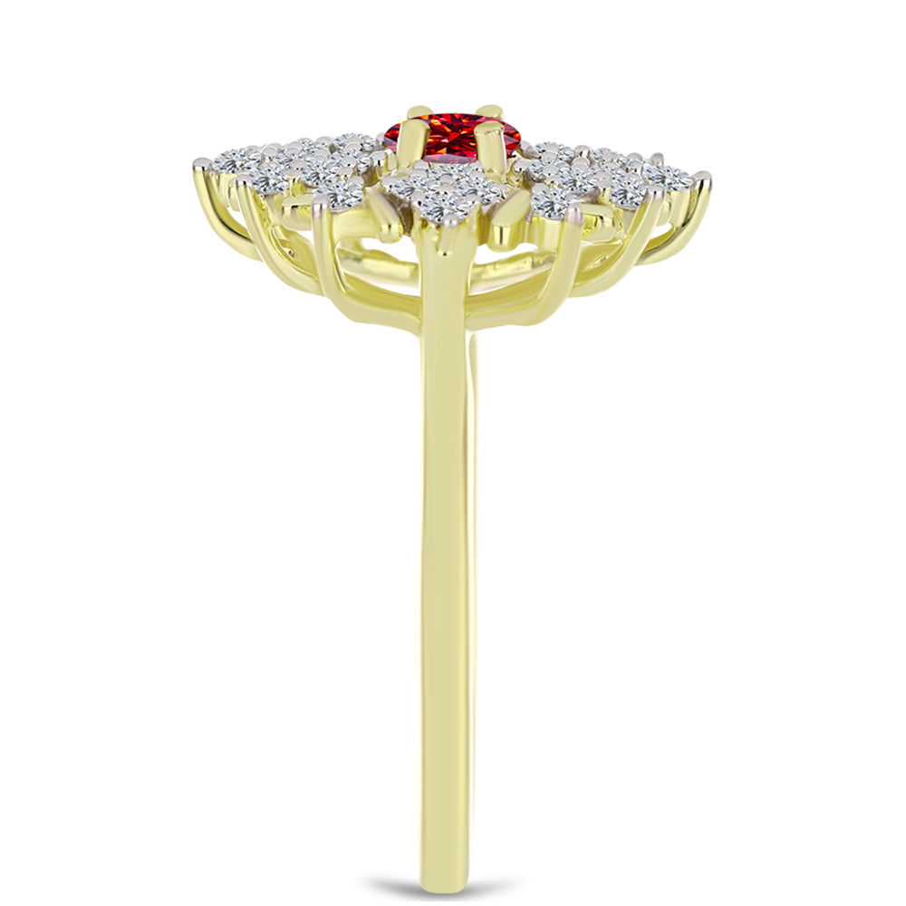 Anel de Prata com Banho de Ouro com Moissanite Vermelho Majestoso e Topázio Branco