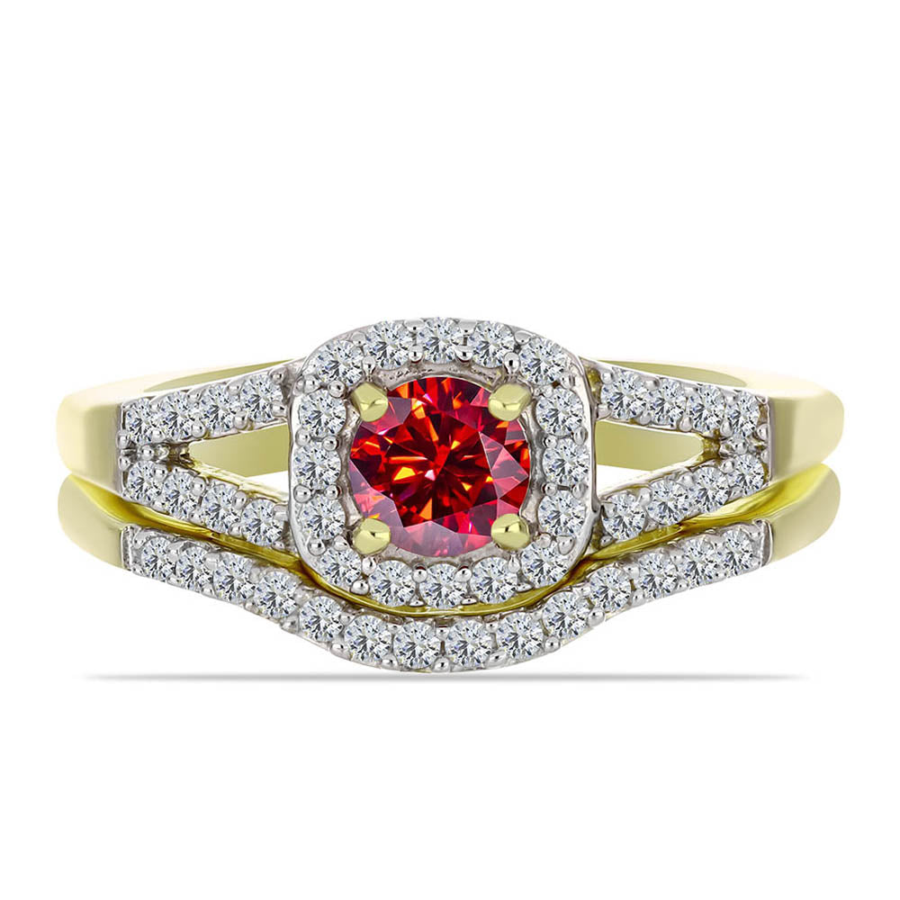 Anel de Prata com Banho de Ouro com Moissanite Vermelho Majestoso e Topázio Branco  Contraste: Cabeca de Veado (800) 1 