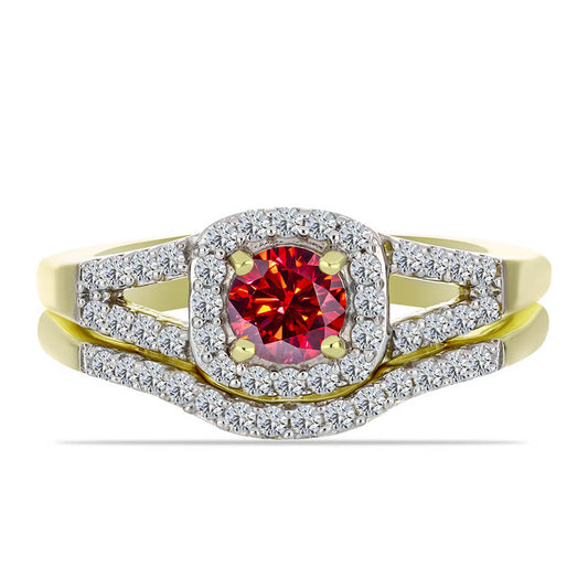 Anel de Prata com Banho de Ouro com Moissanite Vermelho Majestoso e Topázio Branco  Contraste: Cabeca de Veado (800)