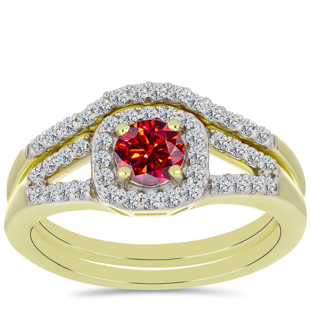 Anel de Prata com Banho de Ouro com Moissanite Vermelho Majestoso e Topázio Branco  Contraste: Cabeca de Veado (800) 3 