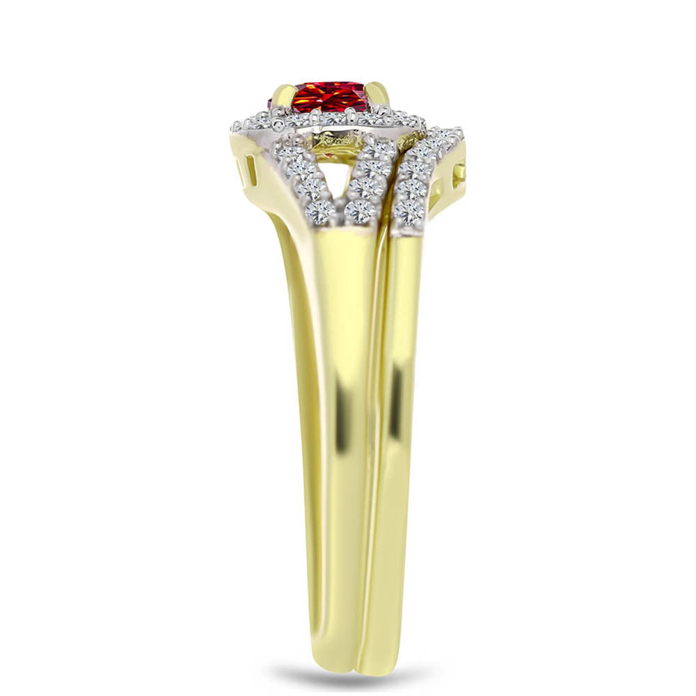 Anel de Prata com Banho de Ouro com Moissanite Vermelho Majestoso e Topázio Branco  Contraste: Cabeca de Veado (800) 4 