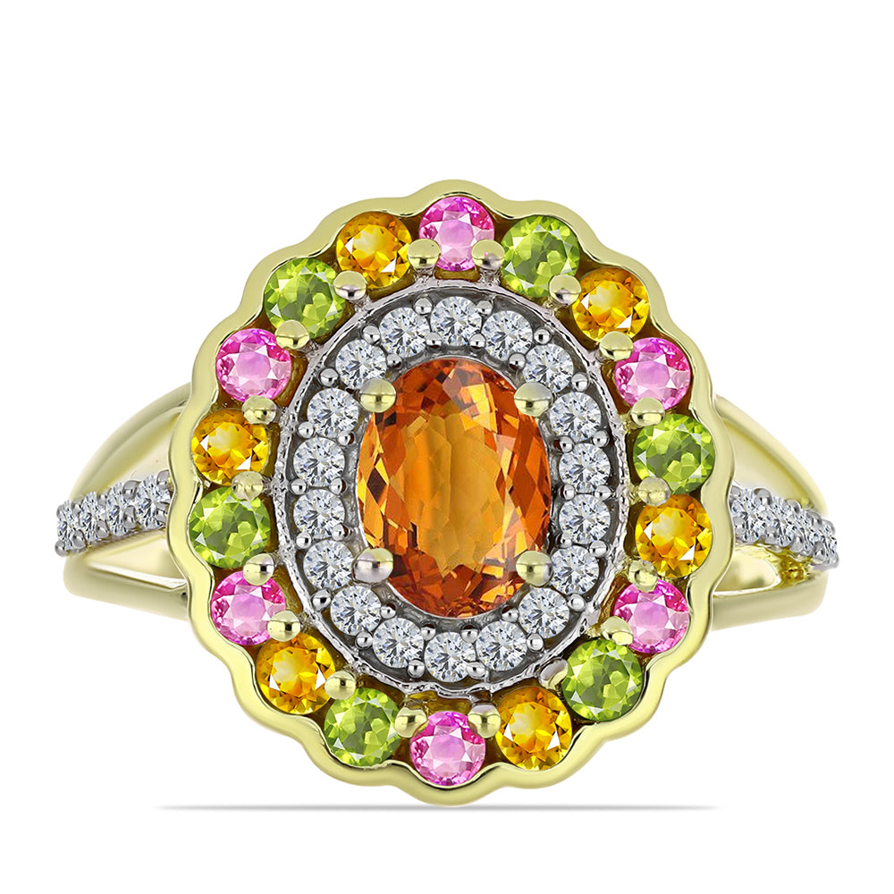 Anel de Prata com Banho de Ouro com Turmalina Chakra e Topázio Branco  Contraste: Cabeca de Veado (800) 1 