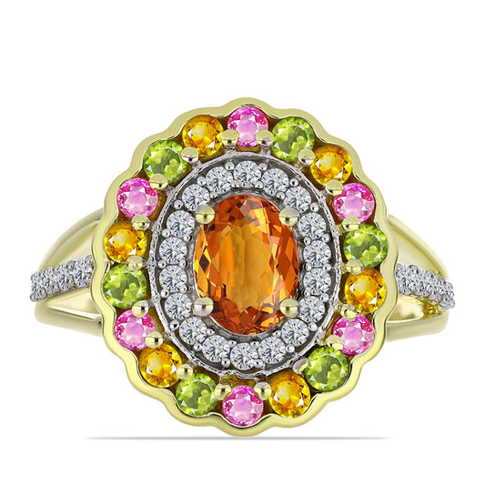 Anel de Prata com Banho de Ouro com Turmalina Chakra e Topázio Branco  Contraste: Cabeca de Veado (800)