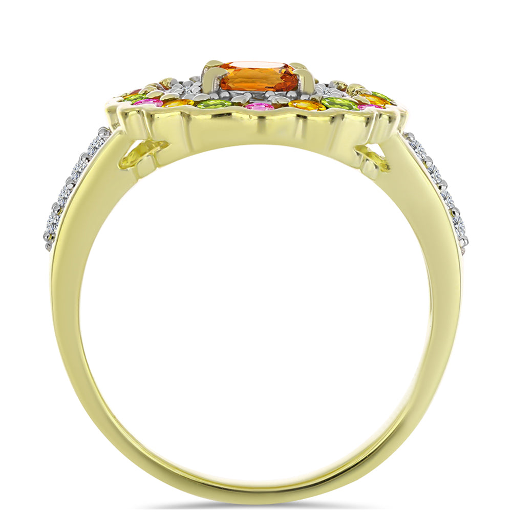 Anel de Prata com Banho de Ouro com Turmalina Chakra e Topázio Branco  Contraste: Cabeca de Veado (800)