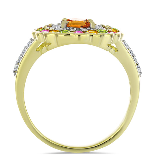 Anel de Prata com Banho de Ouro com Turmalina Chakra e Topázio Branco  Contraste: Cabeca de Veado (800)