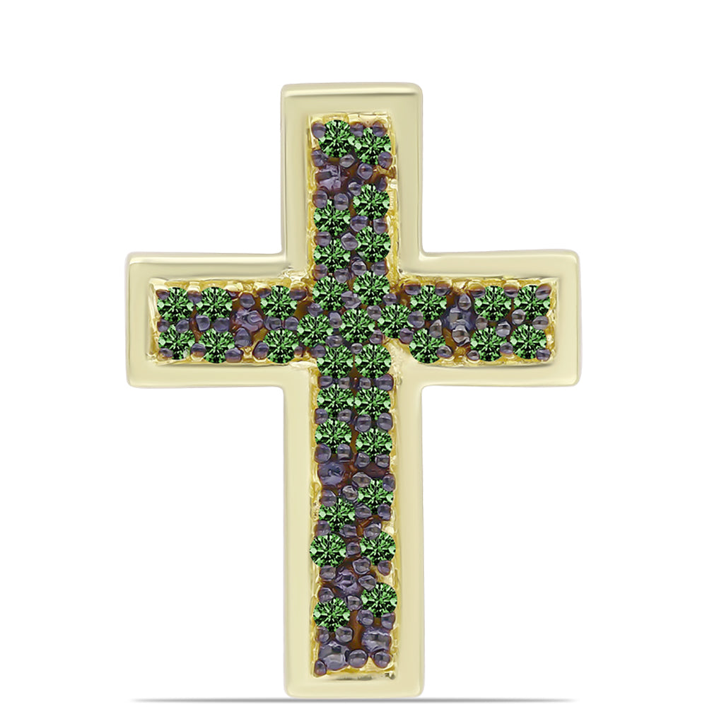 Cruz Pendente de Prata com Banho de Ouro com Diamante Verde 1 