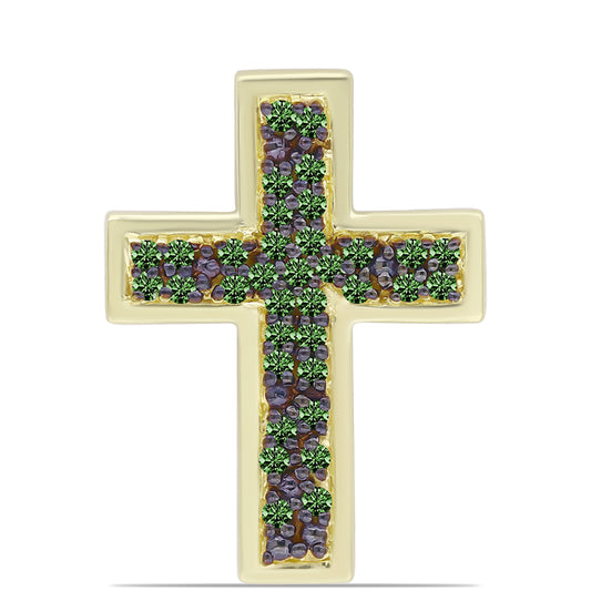 Cruz Pendente de Prata com Banho de Ouro com Diamante Verde