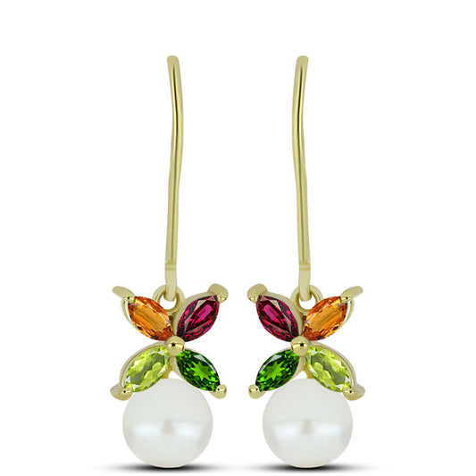 Brincos de Prata com Banho de Ouro com Turmalina Chakra e Pérola Branca de Água Doce