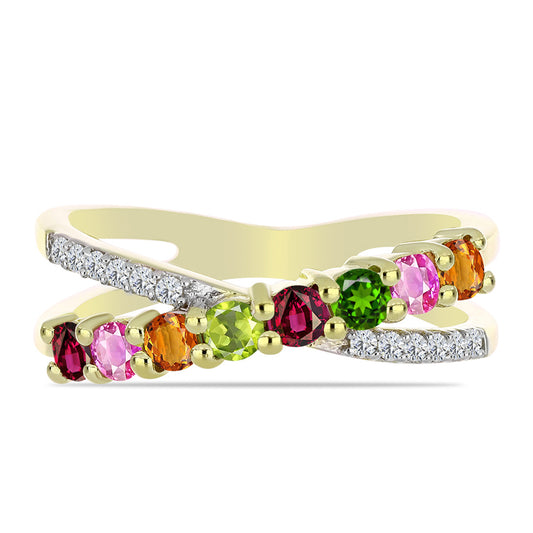 Anel de Prata com Banho de Ouro com Turmalina Chakra e Topázio Branco  Contraste: Cabeca de Veado (800)