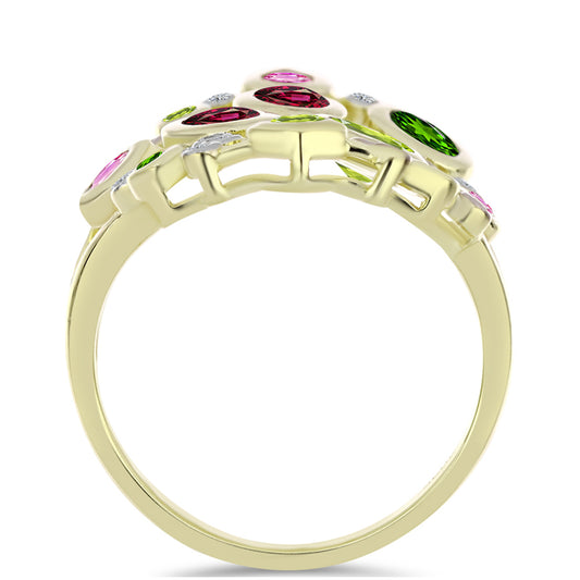 Anel de Prata com Banho de Ouro com Turmalina Chakra e Topázio Branco  Contraste: Cabeca de Veado (800)