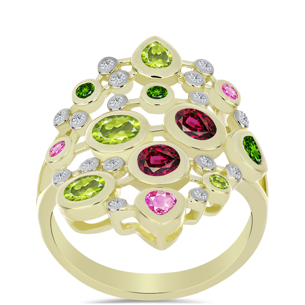 Anel de Prata com Banho de Ouro com Turmalina Chakra e Topázio Branco  Contraste: Cabeca de Veado (800)