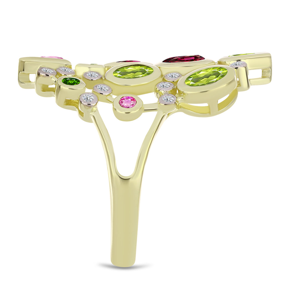 Anel de Prata com Banho de Ouro com Turmalina Chakra e Topázio Branco  Contraste: Cabeca de Veado (800) 4 