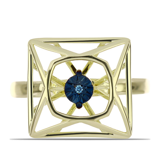 Anel de Prata com Banho de Ouro com Diamante Azul Dançante  Contraste: Cabeca de Veado (800)