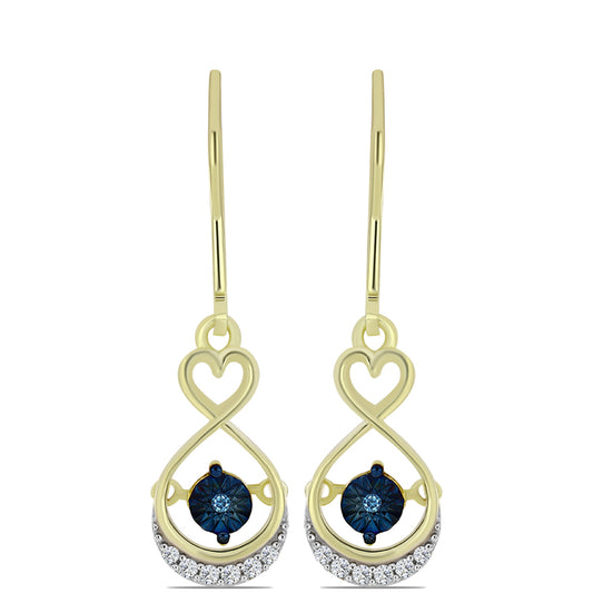 Brincos de Prata com Banho de Ouro com Diamante Azul Dançante e Topázio Branco