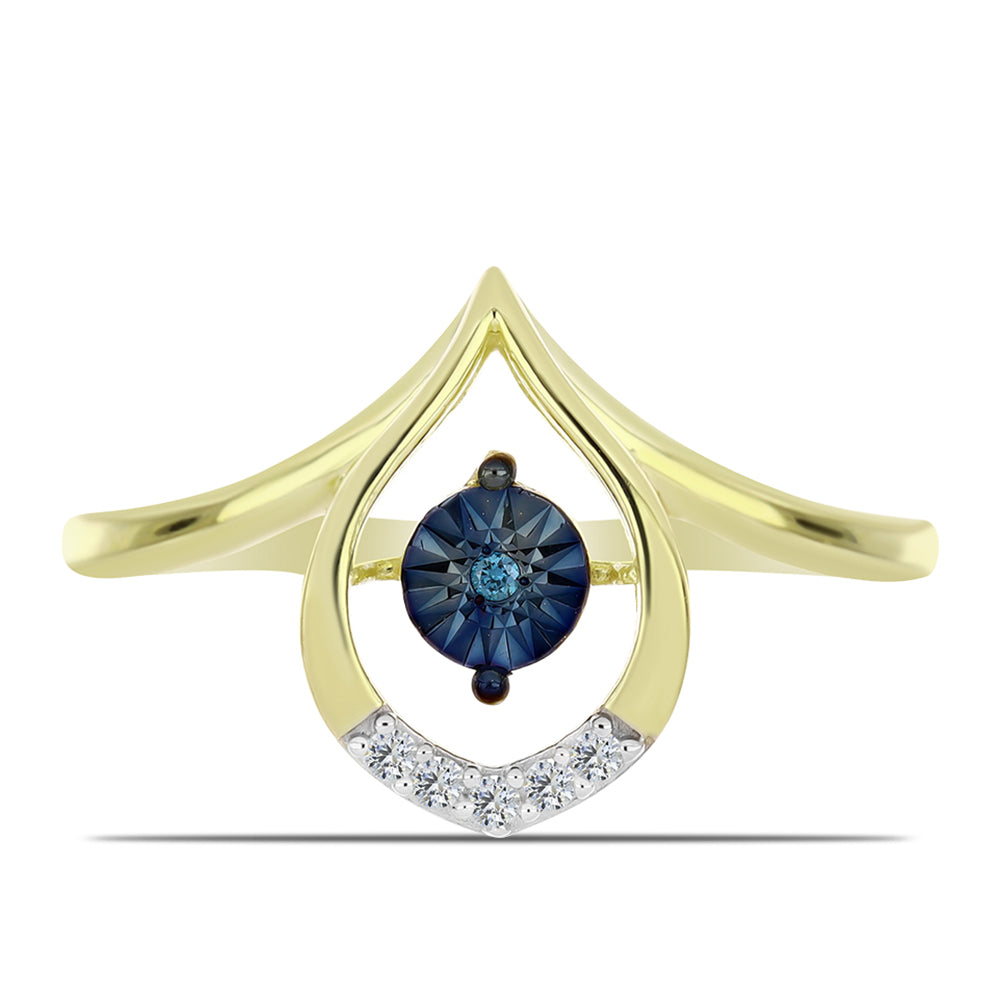 Anel de Prata com Banho de Ouro com Diamante Azul Dançante e Topázio Branco