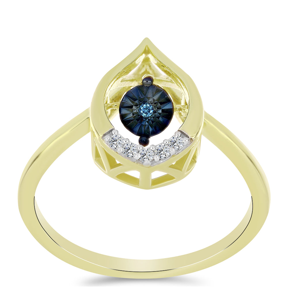 Anel de Prata com Banho de Ouro com Diamante Azul Dançante e Topázio Branco
