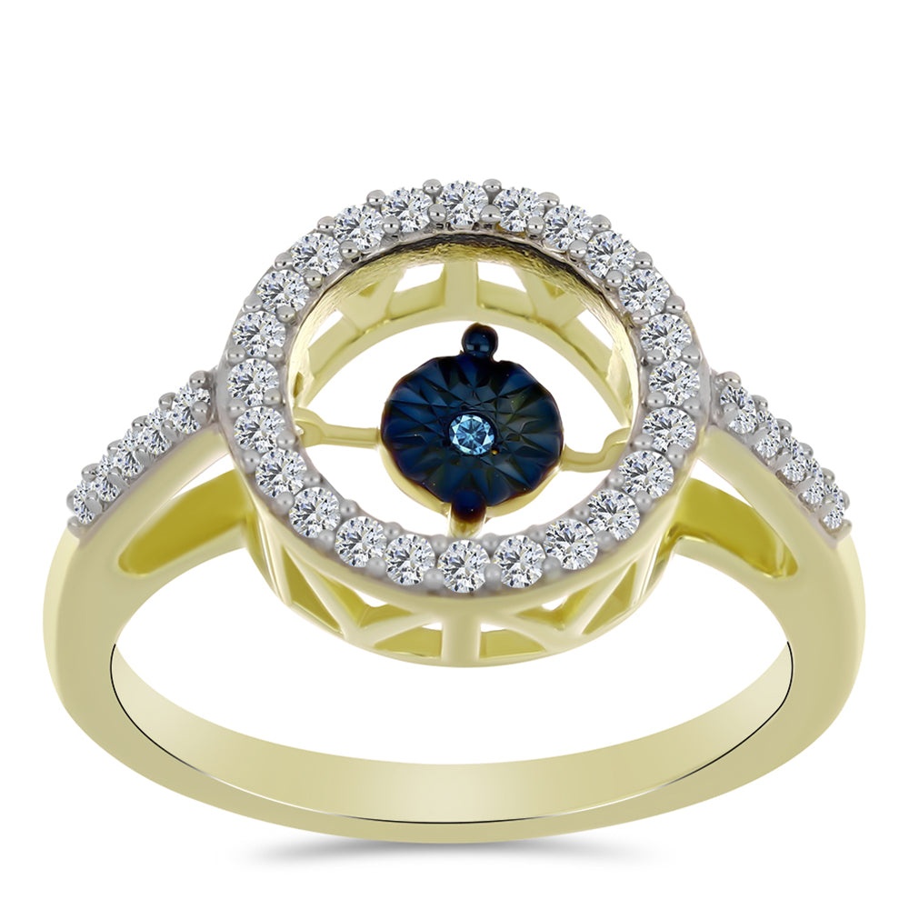Anel de Prata com Banho de Ouro com Diamante Azul Dançante e Topázio Branco