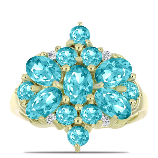 Anel de Prata com Banho de Ouro com Quartzo de Paraíba e Topázio Branco  Contraste: Cabeca de Veado (800)