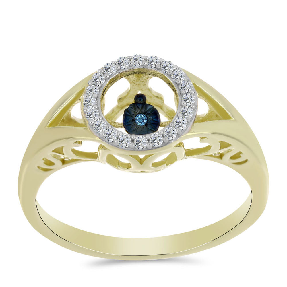 Anel de Prata com Banho de Ouro com Diamante Azul Dançante e Topázio Branco  Contraste: Cabeca de Veado (800)