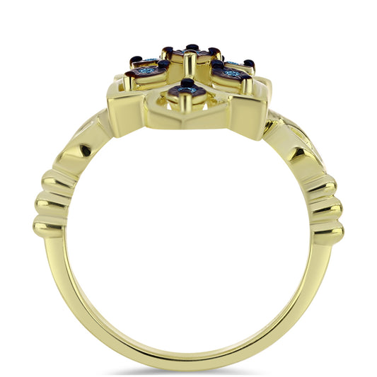 Anel de Prata com Banho de Ouro com Diamante Azul Dançante  Contraste: Cabeca de Veado (800)