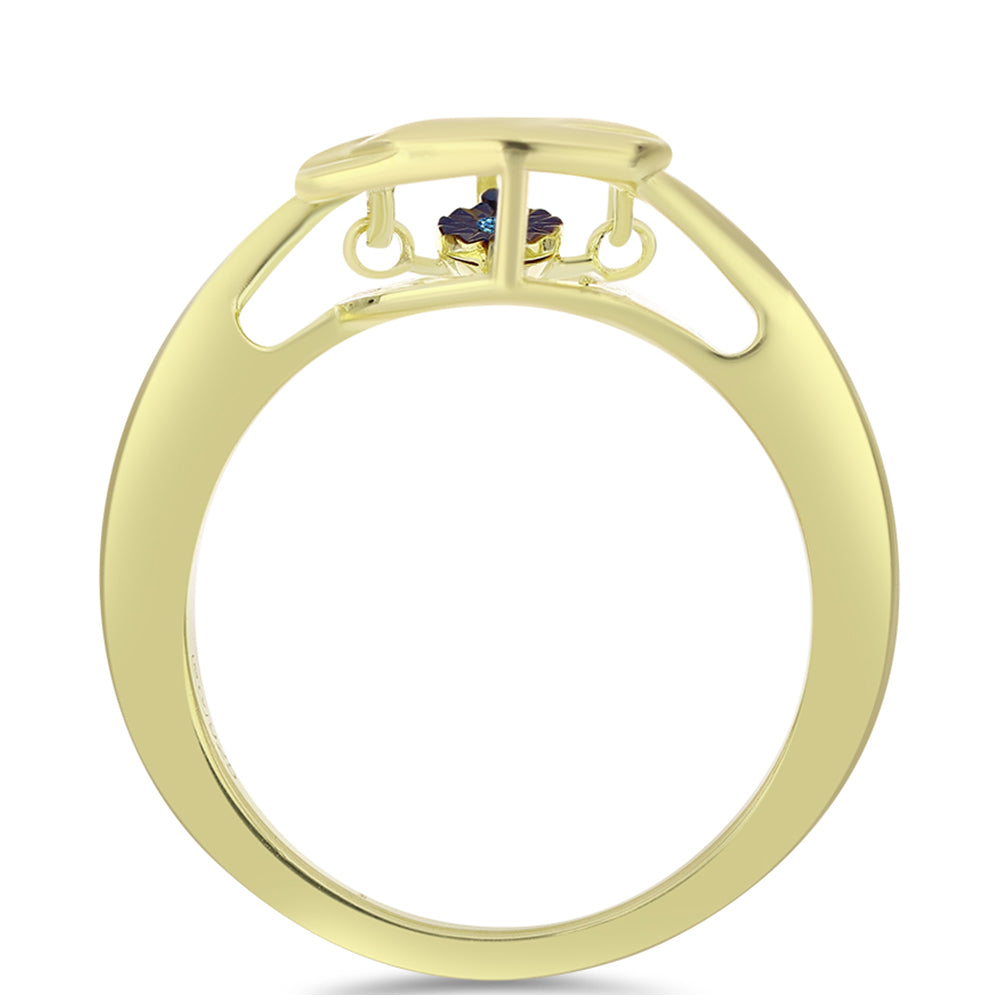 Anel de Prata com Banho de Ouro com Diamante Azul Dançante  Contraste: Cabeca de Veado (800)