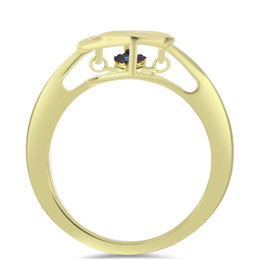 Anel de Prata com Banho de Ouro com Diamante Azul Dançante  Contraste: Cabeca de Veado (800)