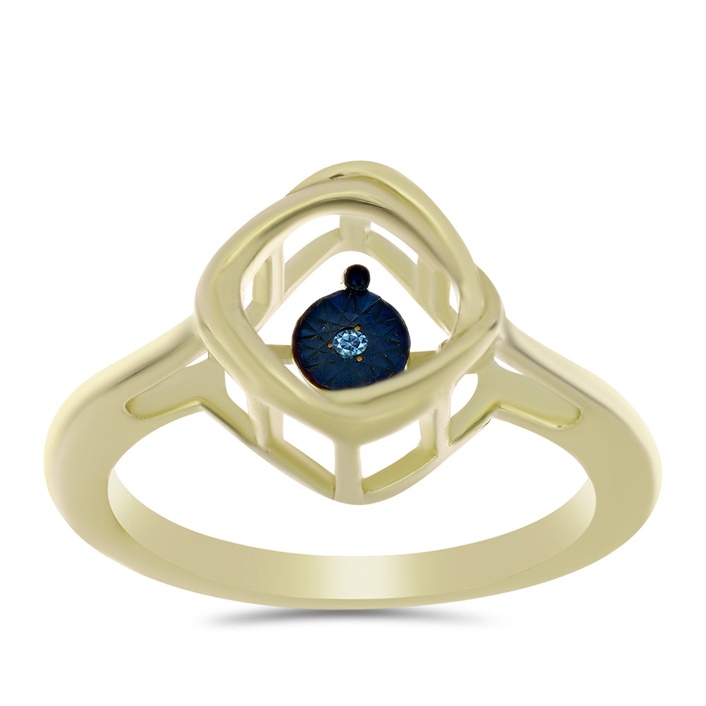 Anel de Prata com Banho de Ouro com Diamante Azul Dançante  Contraste: Cabeca de Veado (800)