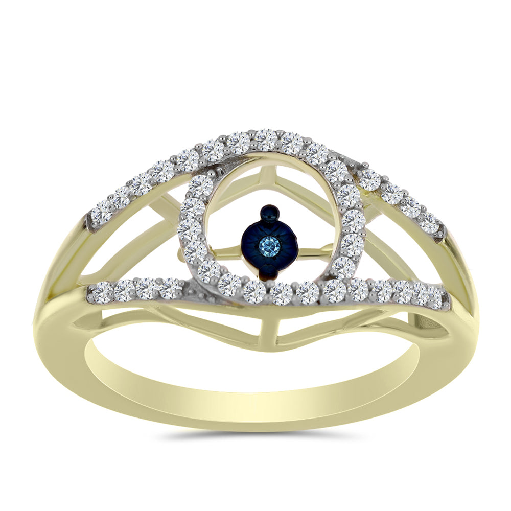 Anel de Prata com Banho de Ouro com Diamante Azul Dançante e Topázio Branco  Contraste: Cabeca de Veado (800)