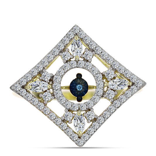 Anel de Prata com Banho de Ouro com Diamante Azul Dançante e Topázio Branco  Contraste: Cabeca de Veado (800)
