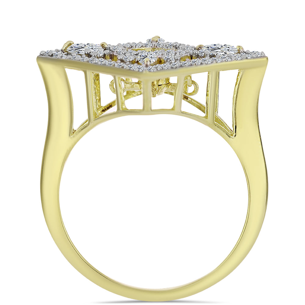 Anel de Prata com Banho de Ouro com Diamante Azul Dançante e Topázio Branco  Contraste: Cabeca de Veado (800)