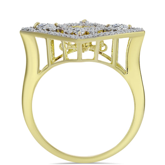 Anel de Prata com Banho de Ouro com Diamante Azul Dançante e Topázio Branco  Contraste: Cabeca de Veado (800)