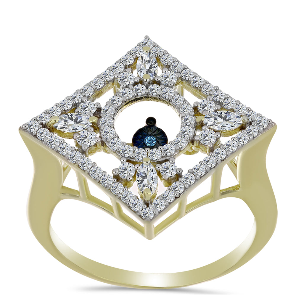 Anel de Prata com Banho de Ouro com Diamante Azul Dançante e Topázio Branco  Contraste: Cabeca de Veado (800)