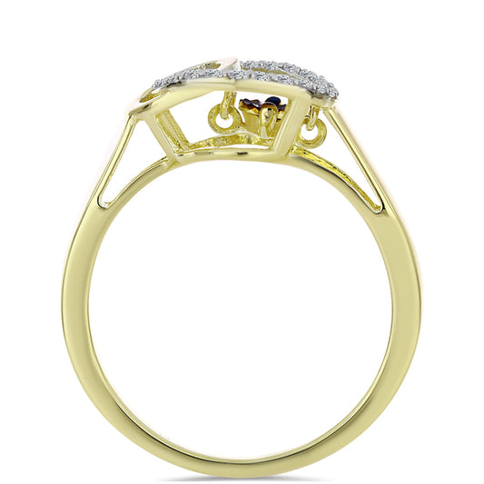 Anel de Prata com Banho de Ouro com Diamante Azul Dançante e Topázio Branco