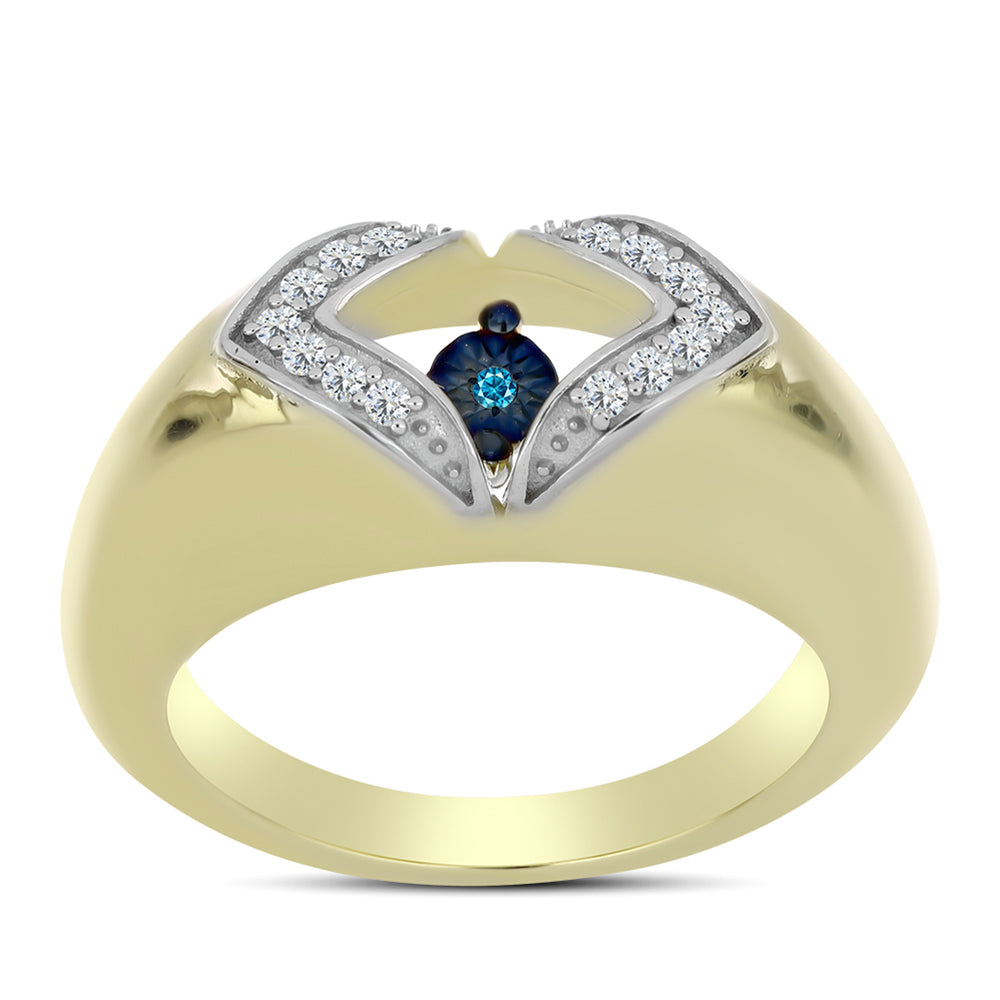 Anel de Prata com Banho de Ouro com Diamante Azul Dançante e Topázio Branco  Contraste: Cabeca de Veado (800)