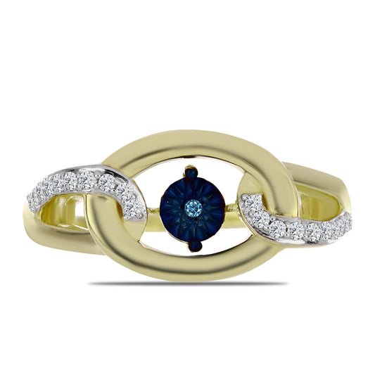 Anel de Prata com Banho de Ouro com Diamante Azul Dançante e Topázio Branco  Contraste: Cabeca de Veado (800)