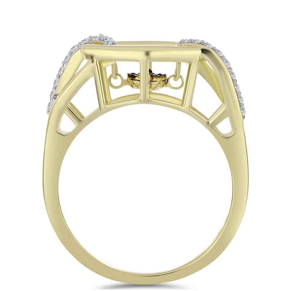 Anel de Prata com Banho de Ouro com Diamante Azul Dançante e Topázio Branco  Contraste: Cabeca de Veado (800)