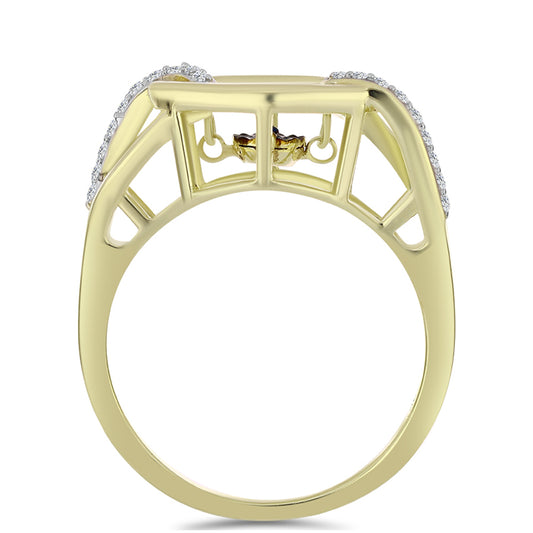 Anel de Prata com Banho de Ouro com Diamante Azul Dançante e Topázio Branco  Contraste: Cabeca de Veado (800)