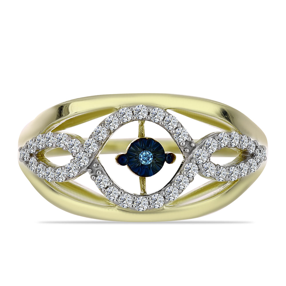Anel de Prata com Banho de Ouro com Diamante Azul Dançante e Topázio Branco  Contraste: Cabeca de Veado (800) 1 