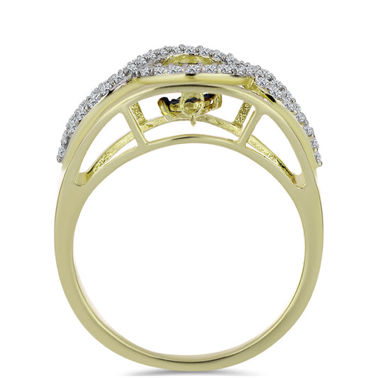 Anel de Prata com Banho de Ouro com Diamante Azul Dançante e Topázio Branco  Contraste: Cabeca de Veado (800)