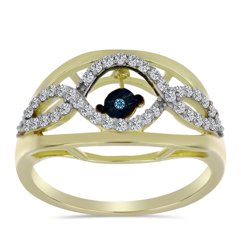 Anel de Prata com Banho de Ouro com Diamante Azul Dançante e Topázio Branco  Contraste: Cabeca de Veado (800)