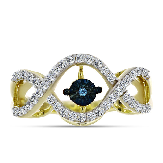 Anel de Prata com Banho de Ouro com Diamante Azul Dançante e Topázio Branco  Contraste: Cabeca de Veado (800)