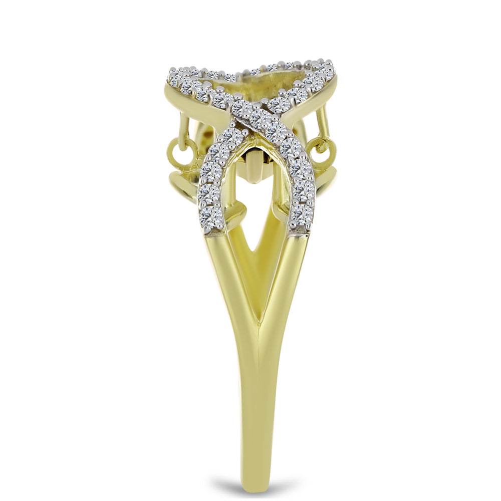 Anel de Prata com Banho de Ouro com Diamante Azul Dançante e Topázio Branco  Contraste: Cabeca de Veado (800)