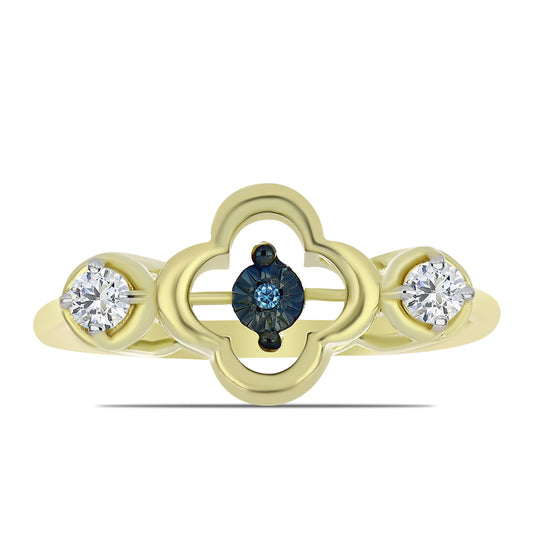 Anel de Prata com Banho de Ouro com Diamante Azul Dançante e Topázio Branco