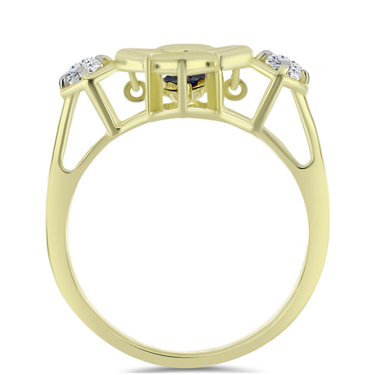 Anel de Prata com Banho de Ouro com Diamante Azul Dançante e Topázio Branco